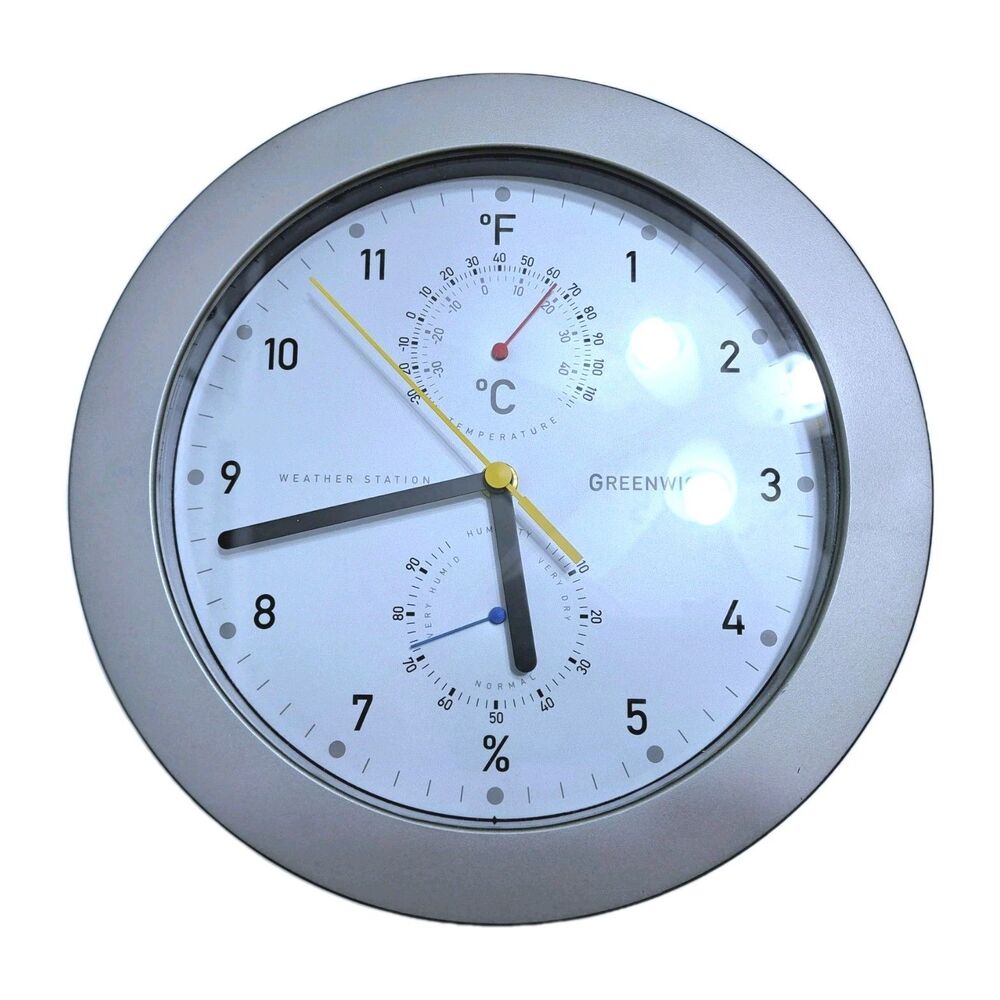 Greenwich Wall Clock Weather Station 10" Humidity Temperature Silver Tested